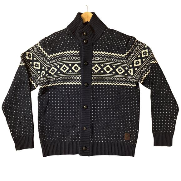 Ben Sherman Navy White Fair Isle Wool & Cotton Leather Button Cardigan Men’s L - Picture 3 of 14